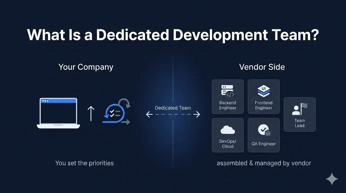 Diagram explaining what a dedicated development team is: client sets priorities, vendor assembles and manages backend engineers, frontend engineers, DevOps, QA, and team lead
