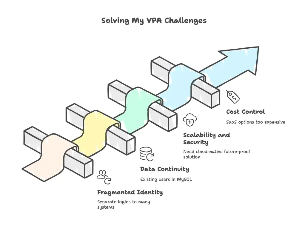 Diagram showing my-vpa’s fragmented identity systems and high SaaS IAM costs before Perfsys implementation.